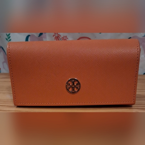 EUC Tory Burch Hard Orange Saffiano Leather & Silk Sleeve Glasses Sunglass Cases - Picture 1 of 11
